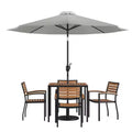 Merrick Lane Seven Piece Faux Teak Patio Dining Set Includes Table, Four Club Chairs, 9' Patio Umbrella and Base