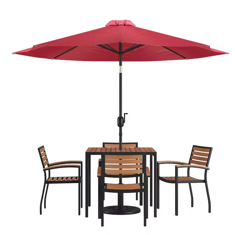 Merrick Lane conjunto de comedor para patio de siete piezas de falso teca que incluye mesa, cuatro sillones, sombrilla de patio de 9' y base