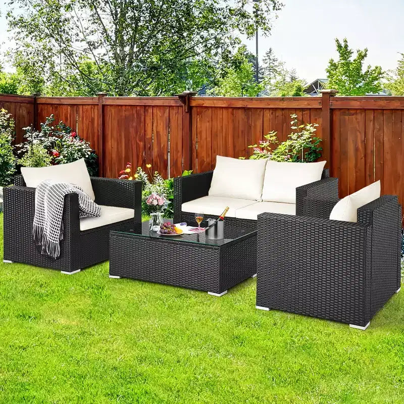 Costway conjunto de muebles de ratán para patio de 4 PIEZAS, sofá y silla acolchados, mesa de centro, blanco roto