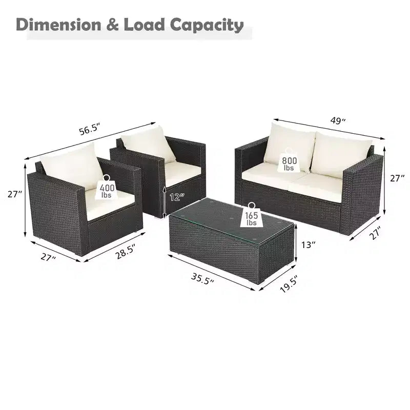 Costway conjunto de muebles de ratán para patio de 4 PIEZAS, sofá y silla acolchados, mesa de centro, blanco roto