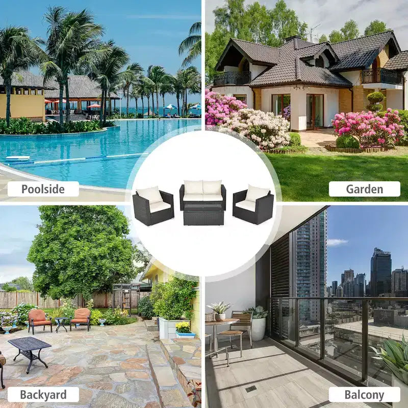 Costway conjunto de muebles de ratán para patio de 4 PIEZAS, sofá y silla acolchados, mesa de centro, blanco roto