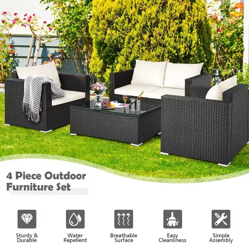 Costway conjunto de muebles de ratán para patio de 4 PIEZAS, sofá y silla acolchados, mesa de centro, blanco roto