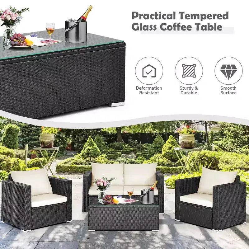 Costway conjunto de muebles de ratán para patio de 4 PIEZAS, sofá y silla acolchados, mesa de centro, blanco roto