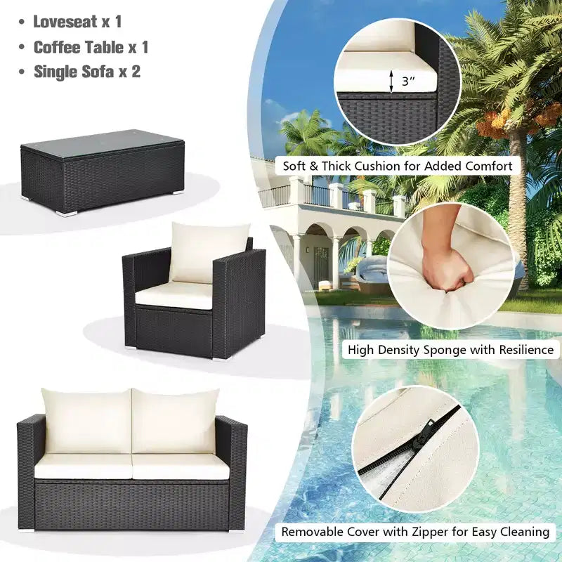 Costway conjunto de muebles de ratán para patio de 4 PIEZAS, sofá y silla acolchados, mesa de centro, blanco roto
