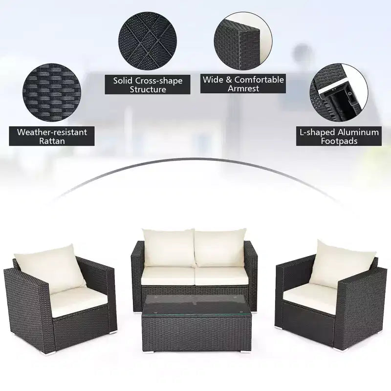 Costway conjunto de muebles de ratán para patio de 4 PIEZAS, sofá y silla acolchados, mesa de centro, blanco roto