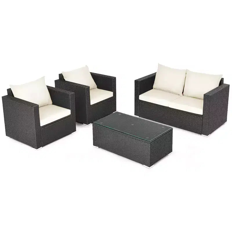 Costway conjunto de muebles de ratán para patio de 4 PIEZAS, sofá y silla acolchados, mesa de centro, blanco roto