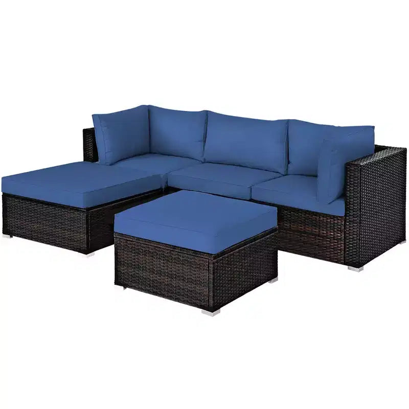 Ensemble de mobilier de terrasse en rotin Costway 5 pièces, ensemble modulable avec pouf, table et coloris bleu marine