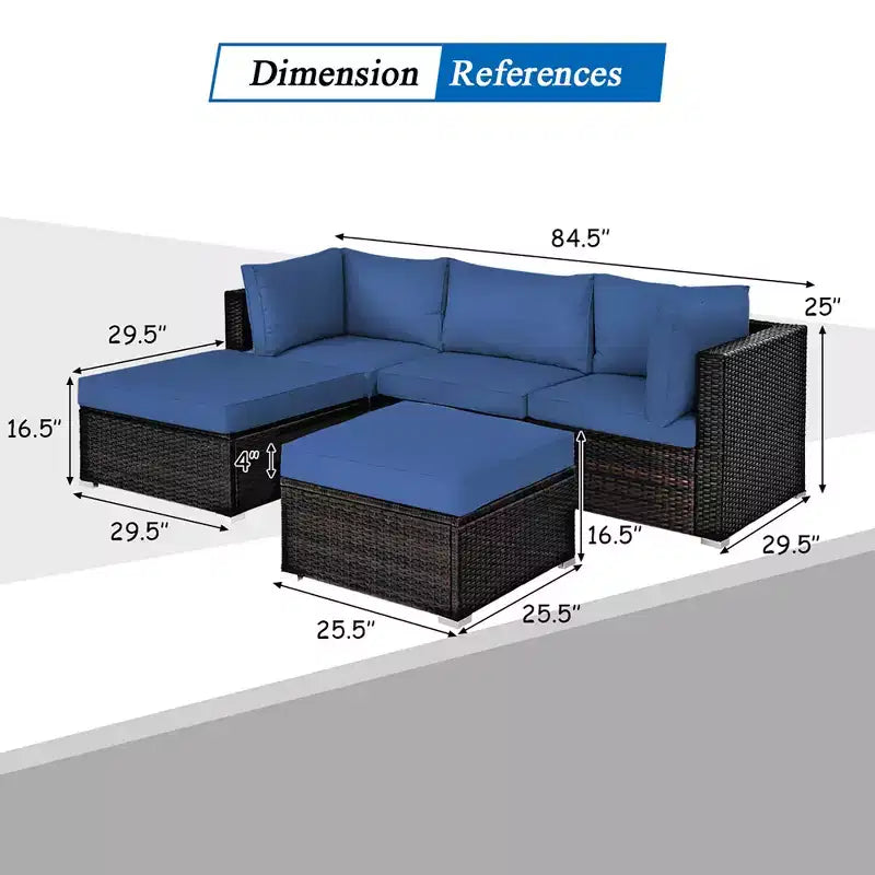 Ensemble de mobilier de terrasse en rotin Costway 5 pièces, ensemble modulable avec pouf, table et coloris bleu marine