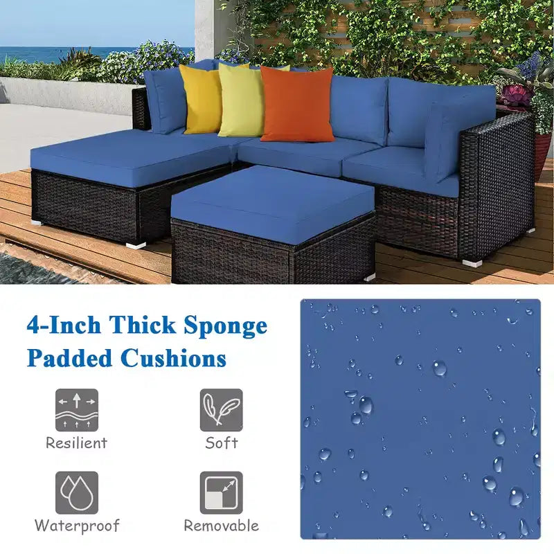 Ensemble de mobilier de terrasse en rotin Costway 5 pièces, ensemble modulable avec pouf, table et coloris bleu marine
