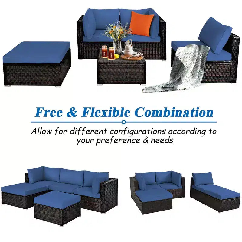Ensemble de mobilier de terrasse en rotin Costway 5 pièces, ensemble modulable avec pouf, table et coloris bleu marine
