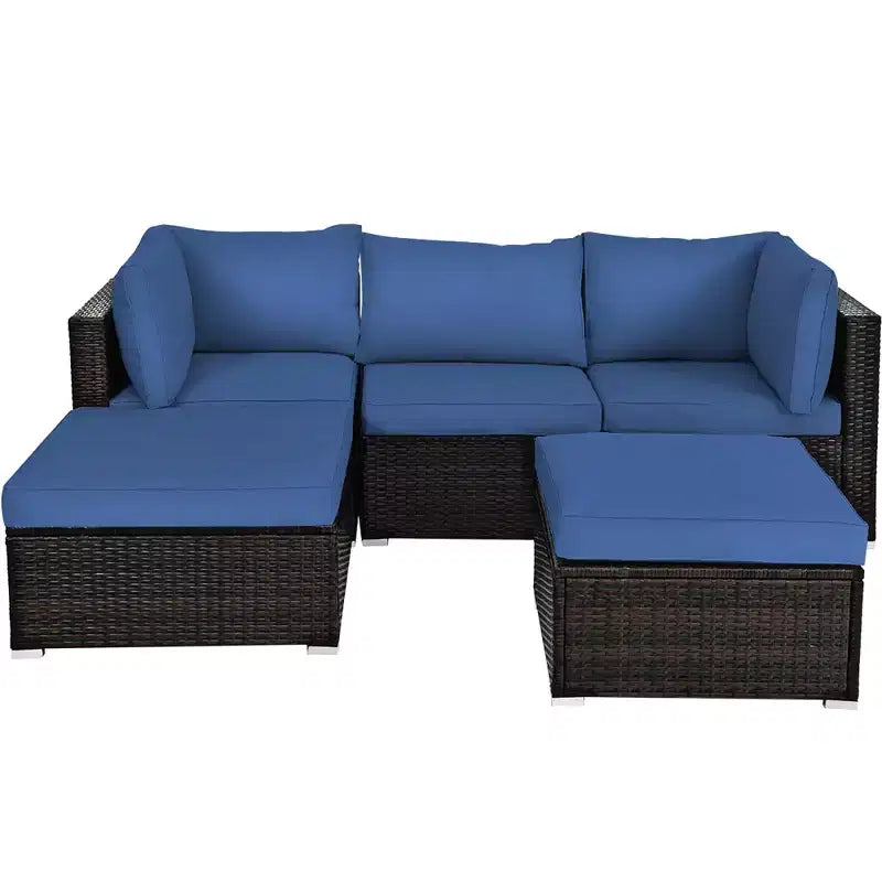 Ensemble de mobilier de terrasse en rotin Costway 5 pièces, ensemble modulable avec pouf, table et coloris bleu marine