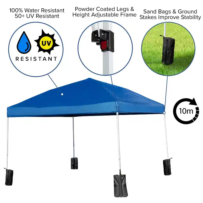 Flash Furniture Conjunto portátil para eventos o portón trasero: carpa plegable con ruedas de 10'x10', mesa plegable de dos partes de 6 pies y 4 sillas plegables