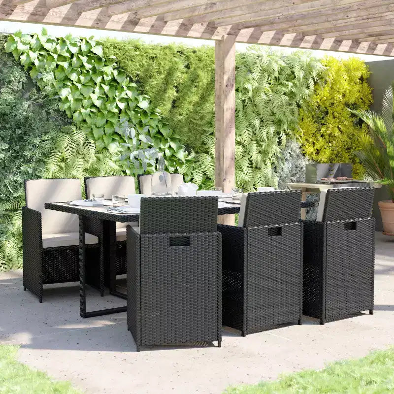 Conjunto de comedor de patio exterior Flash Furniture Peregrine de 7 piezas, sillas modulares de mimbre que ahorran espacio, cojines y tablero de mesa de madera de acacia