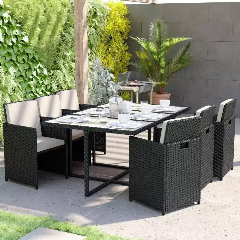 Conjunto de comedor de patio exterior Flash Furniture Peregrine de 7 piezas, sillas modulares de mimbre que ahorran espacio, cojines y tablero de mesa de madera de acacia