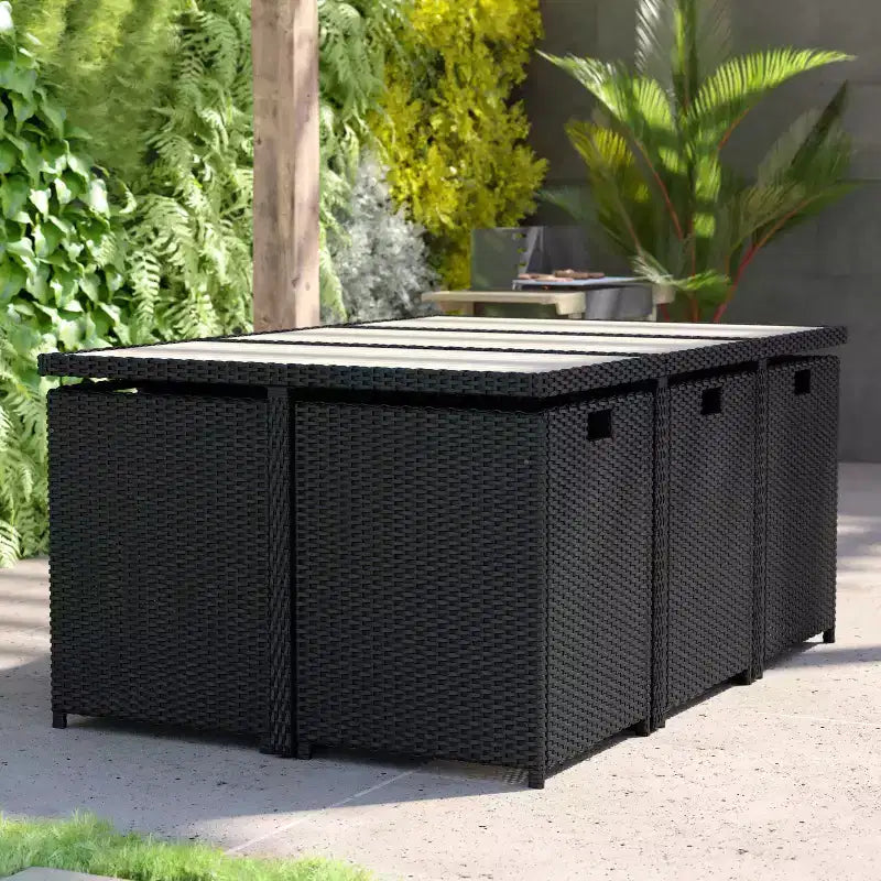 Conjunto de comedor de patio exterior Flash Furniture Peregrine de 7 piezas, sillas modulares de mimbre que ahorran espacio, cojines y tablero de mesa de madera de acacia