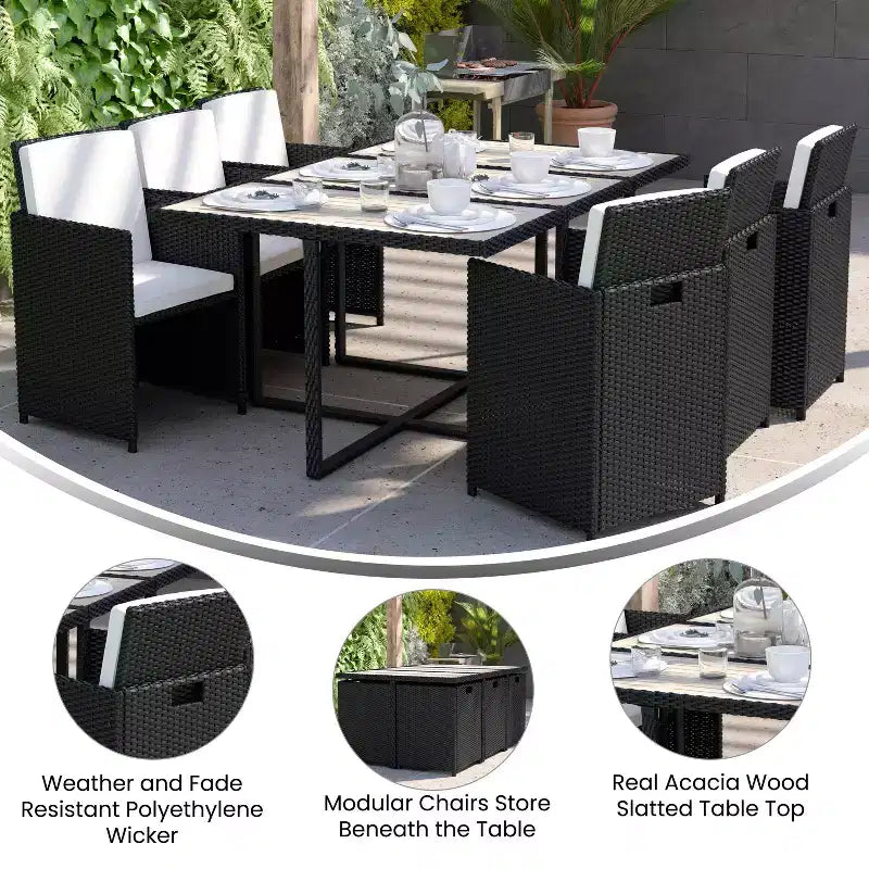 Conjunto de comedor de patio exterior Flash Furniture Peregrine de 7 piezas, sillas modulares de mimbre que ahorran espacio, cojines y tablero de mesa de madera de acacia