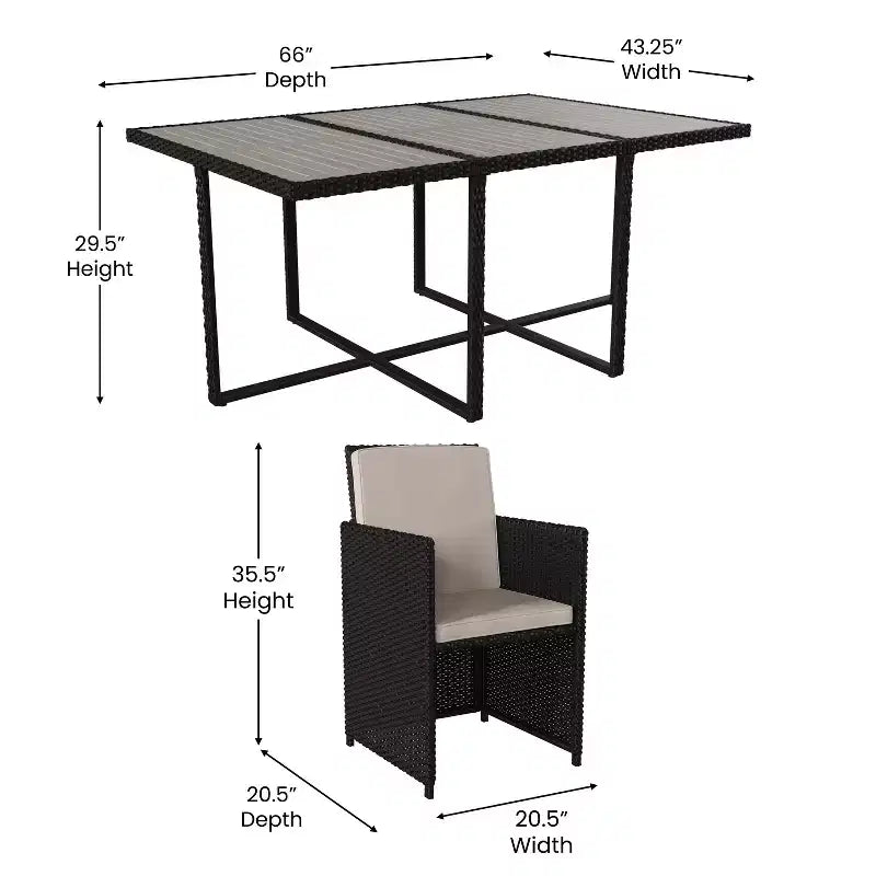 Conjunto de comedor de patio exterior Flash Furniture Peregrine de 7 piezas, sillas modulares de mimbre que ahorran espacio, cojines y tablero de mesa de madera de acacia