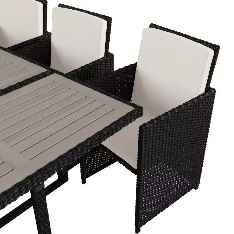 Conjunto de comedor de patio exterior Flash Furniture Peregrine de 7 piezas, sillas modulares de mimbre que ahorran espacio, cojines y tablero de mesa de madera de acacia