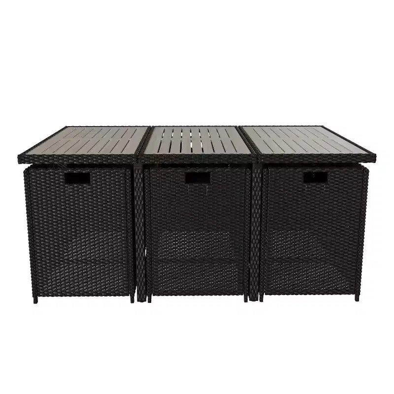 Conjunto de comedor de patio exterior Flash Furniture Peregrine de 7 piezas, sillas modulares de mimbre que ahorran espacio, cojines y tablero de mesa de madera de acacia