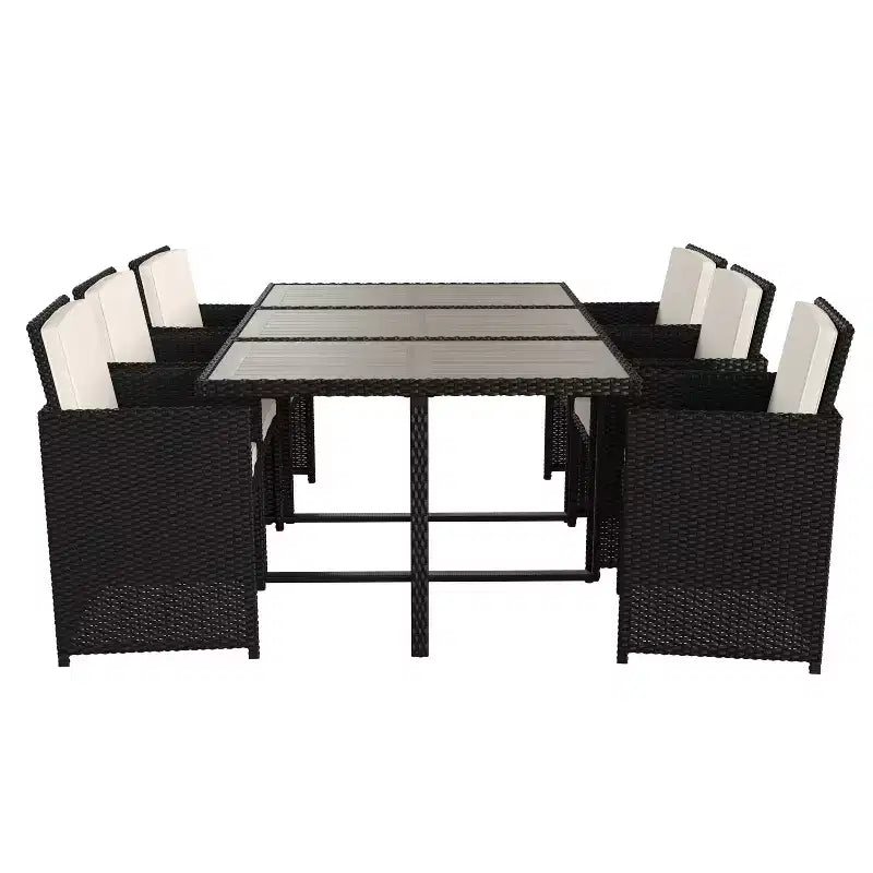 Conjunto de comedor de patio exterior Flash Furniture Peregrine de 7 piezas, sillas modulares de mimbre que ahorran espacio, cojines y tablero de mesa de madera de acacia