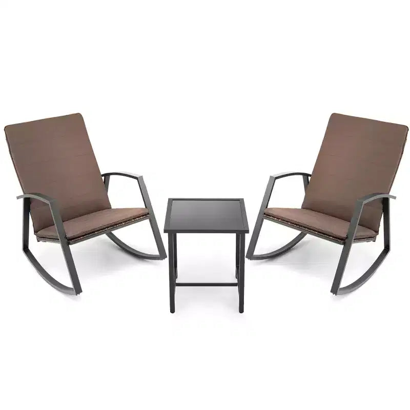 Costway Conjunto de muebles de 3 piezas para patio con silla mecedora y mesa de ratán, cojín para jardín