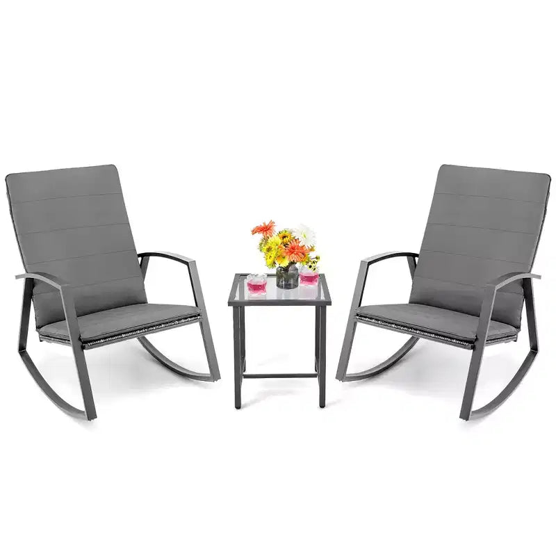 Costway Conjunto de muebles de 3 piezas para patio con silla mecedora y mesa de ratán, cojín para jardín