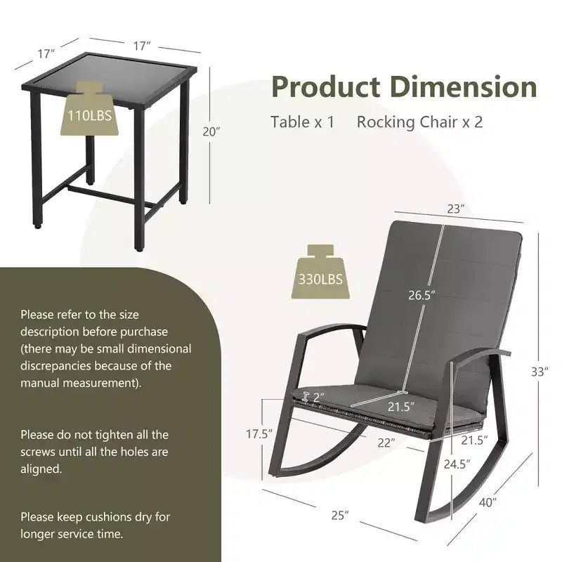 Costway Conjunto de muebles de 3 piezas para patio con silla mecedora y mesa de ratán, cojín para jardín