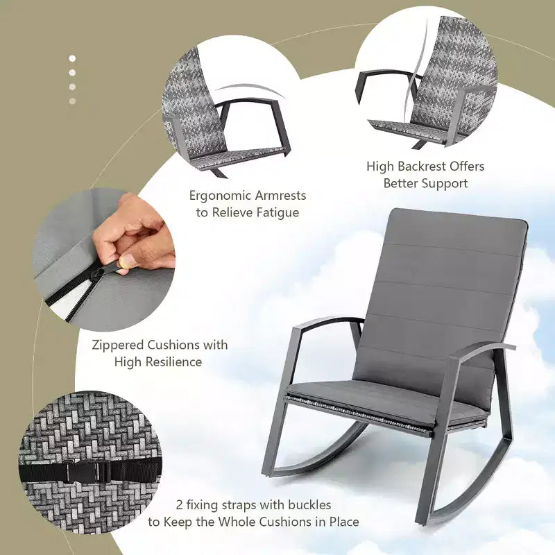 Costway Conjunto de muebles de 3 piezas para patio con silla mecedora y mesa de ratán, cojín para jardín