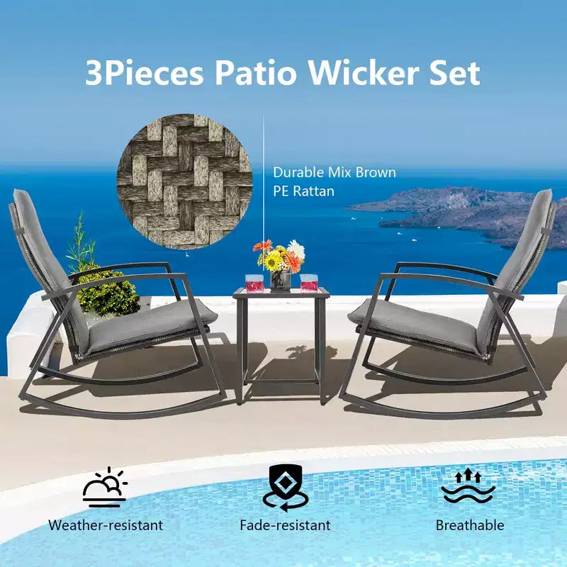 Costway Conjunto de muebles de 3 piezas para patio con silla mecedora y mesa de ratán, cojín para jardín
