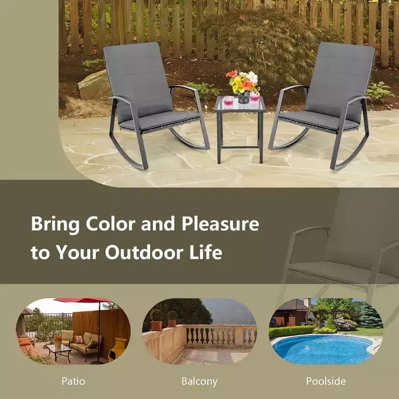 Costway Conjunto de muebles de 3 piezas para patio con silla mecedora y mesa de ratán, cojín para jardín