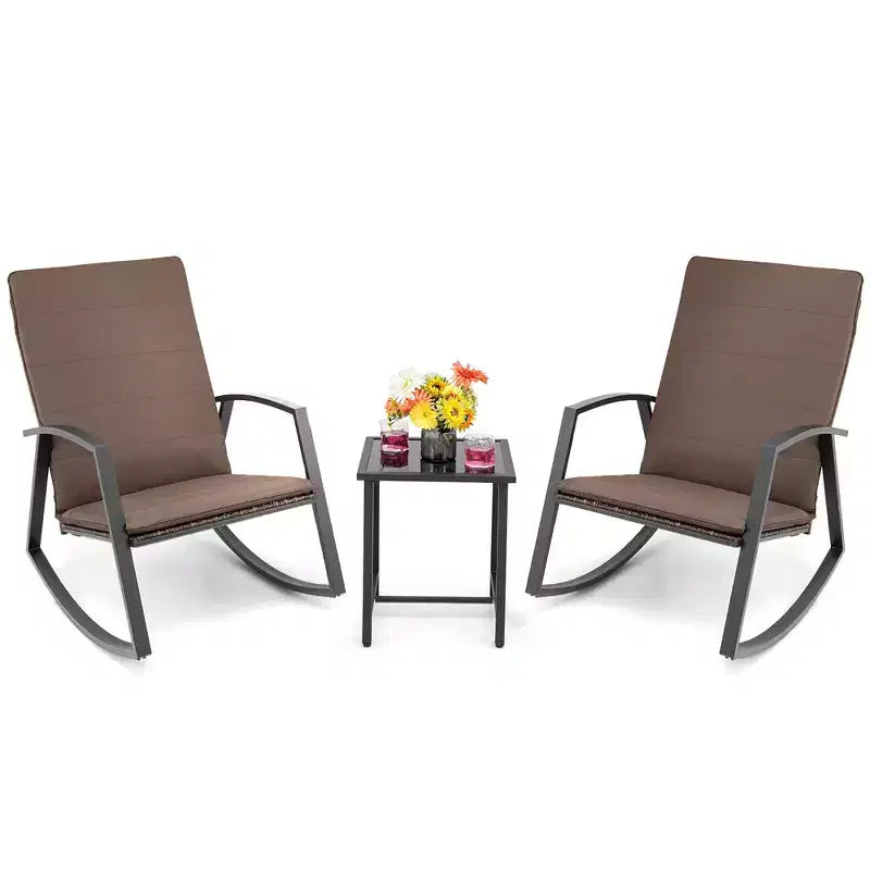 Costway Conjunto de muebles de 3 piezas para patio con silla mecedora y mesa de ratán, cojín para jardín