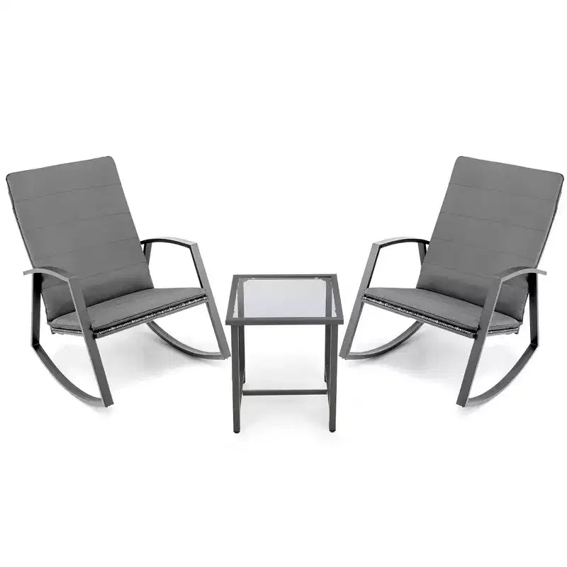 Costway Conjunto de muebles de 3 piezas para patio con silla mecedora y mesa de ratán, cojín para jardín