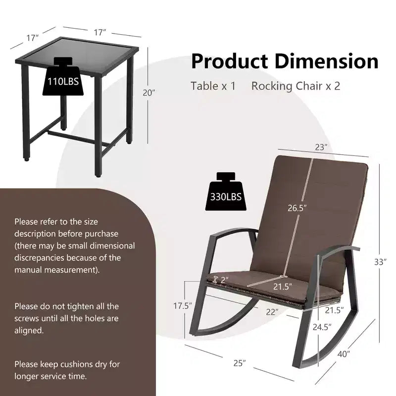 Costway Conjunto de muebles de 3 piezas para patio con silla mecedora y mesa de ratán, cojín para jardín