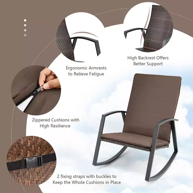 Costway Conjunto de muebles de 3 piezas para patio con silla mecedora y mesa de ratán, cojín para jardín
