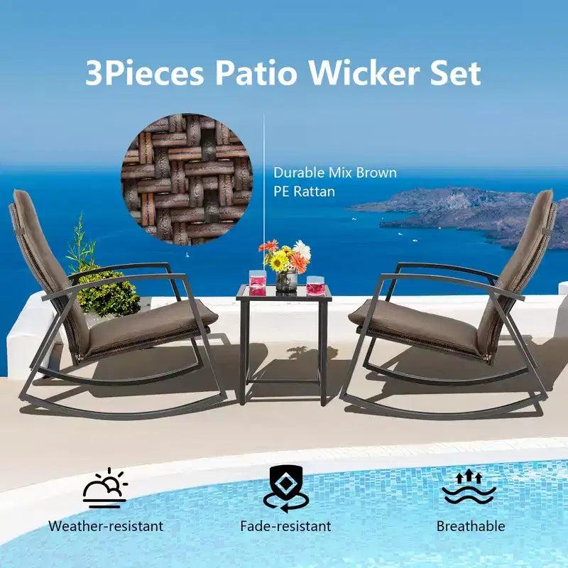 Costway Conjunto de muebles de 3 piezas para patio con silla mecedora y mesa de ratán, cojín para jardín