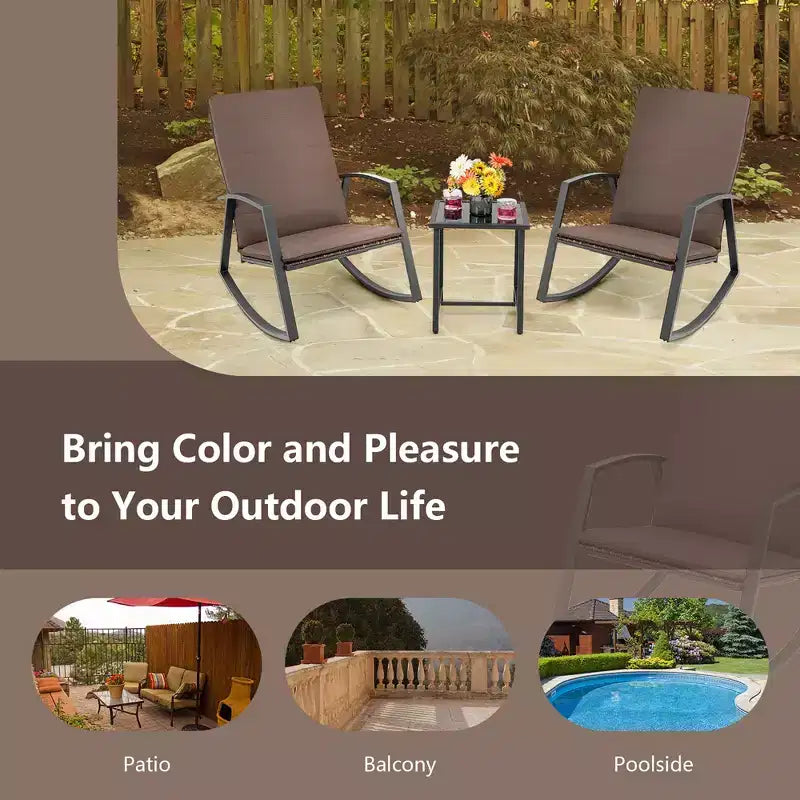 Costway Conjunto de muebles de 3 piezas para patio con silla mecedora y mesa de ratán, cojín para jardín