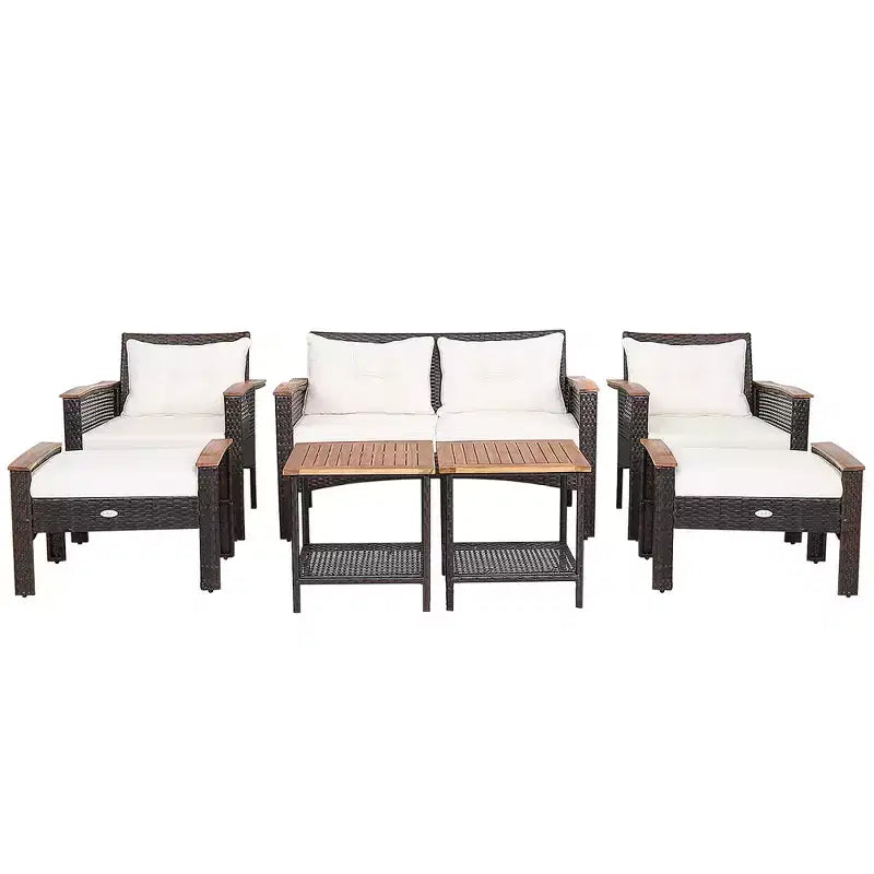 Ensemble de mobilier de terrasse en rotin Costway 7 pièces avec causeuse, canapé, pouf et table rembourrés
