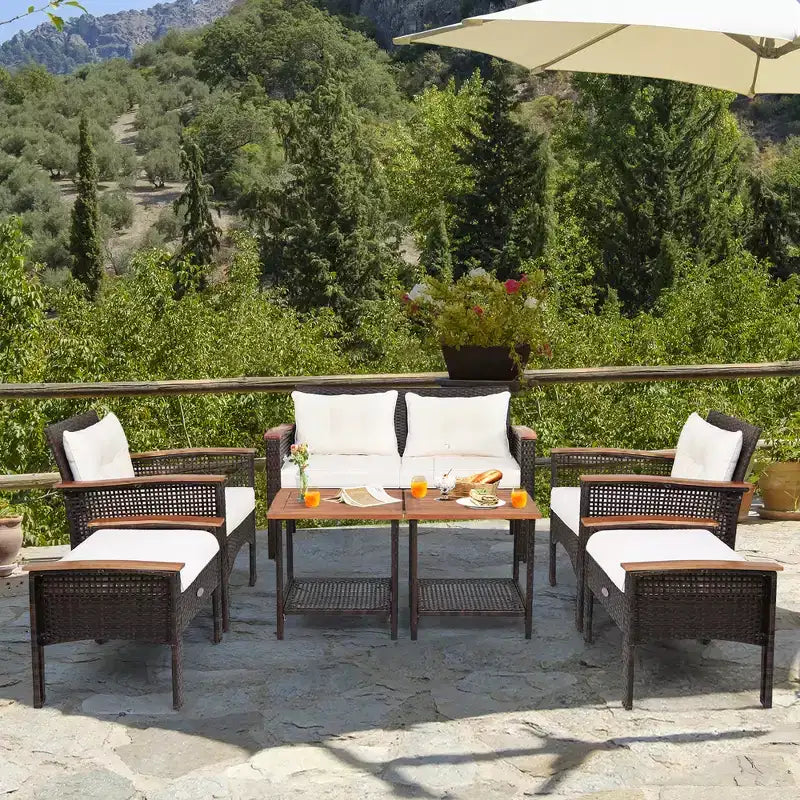 Ensemble de mobilier de terrasse en rotin Costway 7 pièces avec causeuse, canapé, pouf et table rembourrés