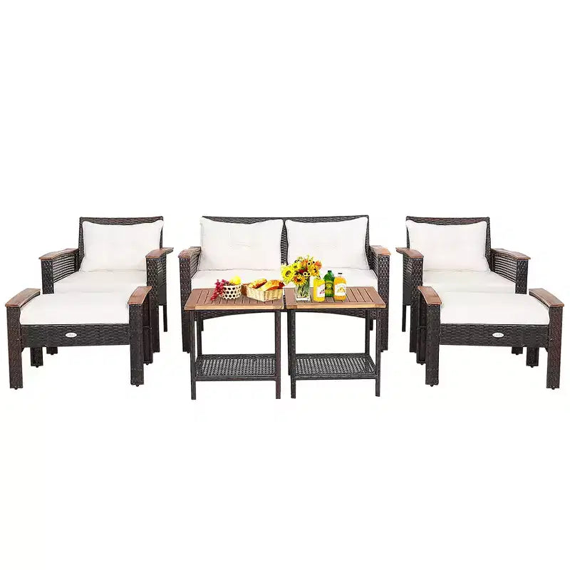 Ensemble de mobilier de terrasse en rotin Costway 7 pièces avec causeuse, canapé, pouf et table rembourrés