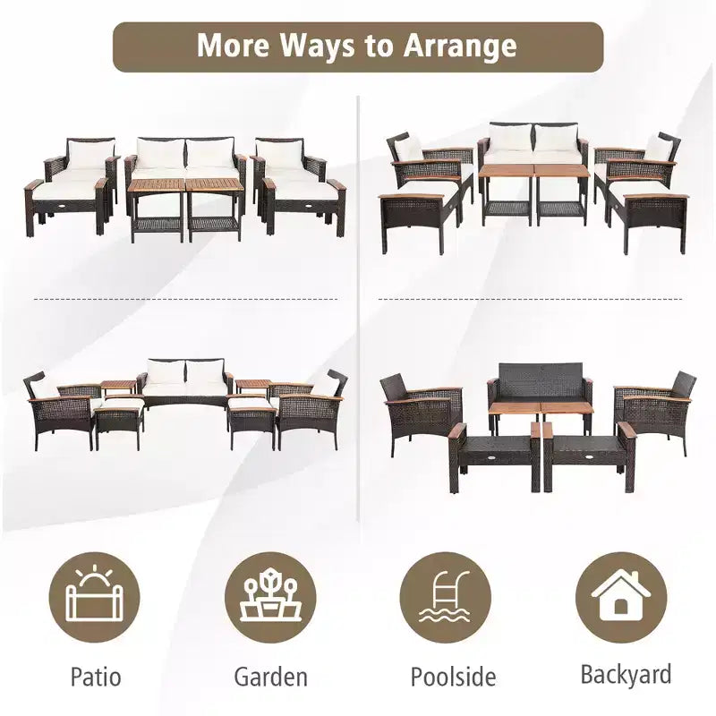 Ensemble de mobilier de terrasse en rotin Costway 7 pièces avec causeuse, canapé, pouf et table rembourrés