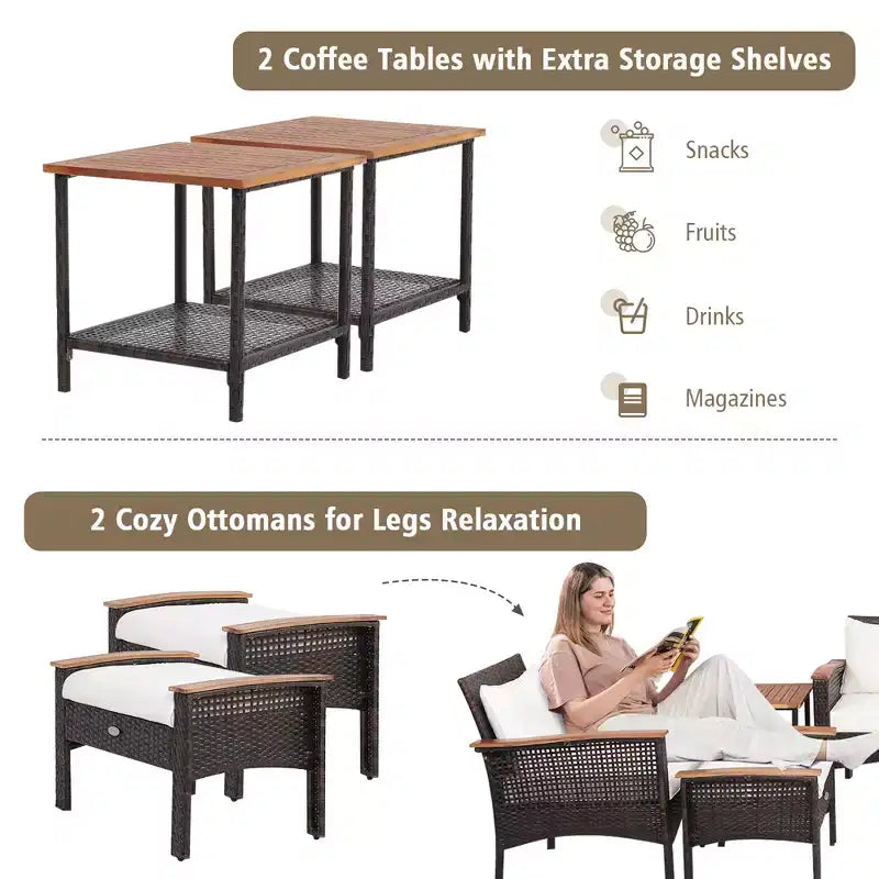 Ensemble de mobilier de terrasse en rotin Costway 7 pièces avec causeuse, canapé, pouf et table rembourrés