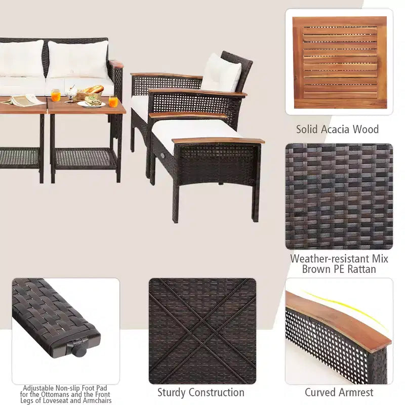 Ensemble de mobilier de terrasse en rotin Costway 7 pièces avec causeuse, canapé, pouf et table rembourrés