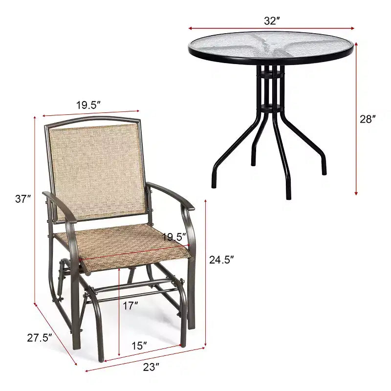 Conjunto de muebles bistró para patio Costway de 3 piezas, silla mecedora deslizante y mesa de vidrio