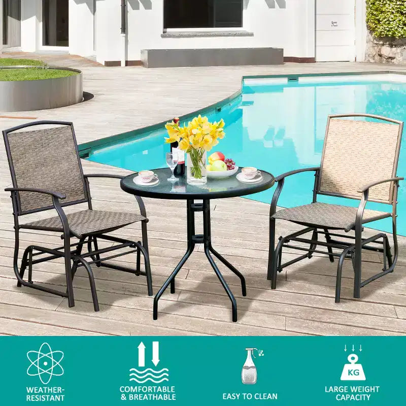 Conjunto de muebles bistró para patio Costway de 3 piezas, silla mecedora deslizante y mesa de vidrio