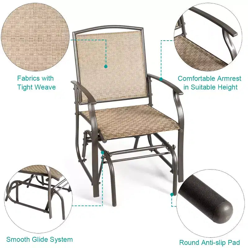 Conjunto de muebles bistró para patio Costway de 3 piezas, silla mecedora deslizante y mesa de vidrio