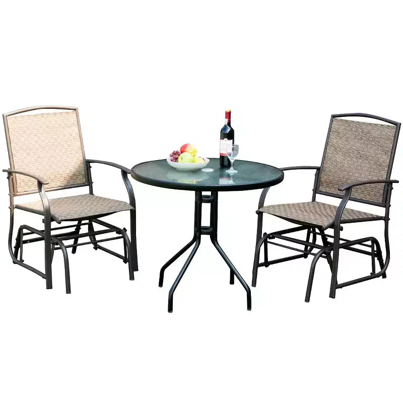 Conjunto de muebles bistró para patio Costway de 3 piezas, silla mecedora deslizante y mesa de vidrio
