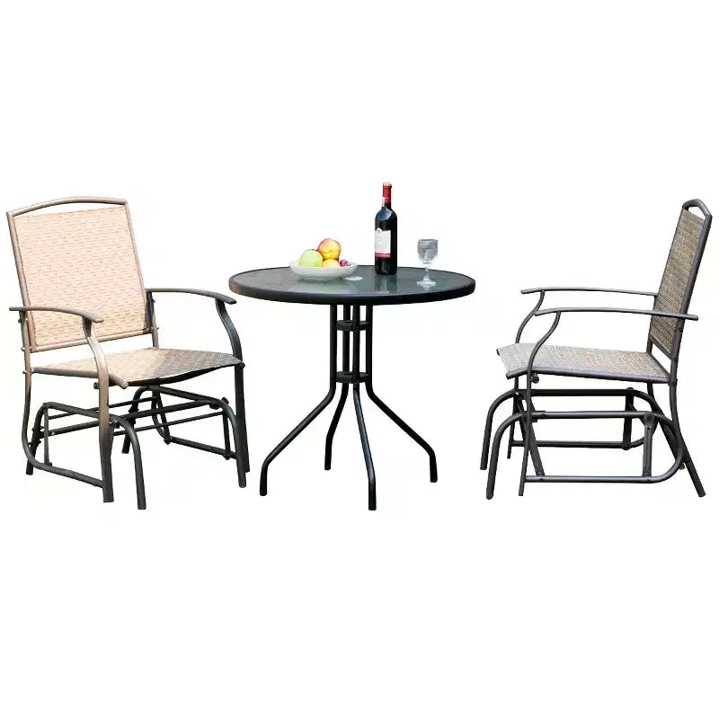Conjunto de muebles bistró para patio Costway de 3 piezas, silla mecedora deslizante y mesa de vidrio