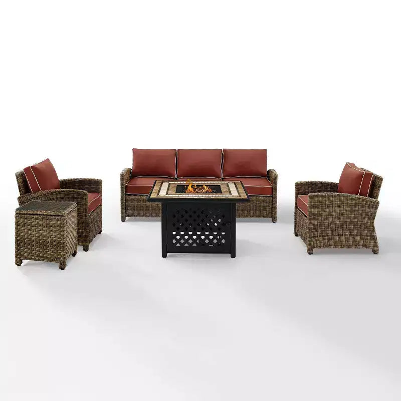 Bradenton 5-teiliges Outdoor-Sitzset aus Kunststoffgeflecht mit Feuertisch - Crosley
