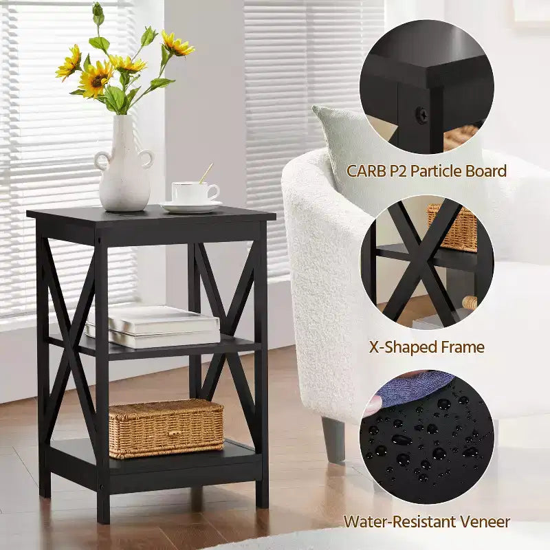 3 Tier Wood End Table with Storage Shelves for Living Room