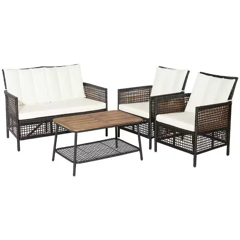 Conjunto de muebles de patio de ratán Costway de 8 piezas, sillas acolchadas, tablero de madera para mesa con estante